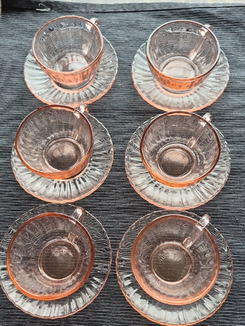 Set of Six Pink Depression Glass Cups & Saucers